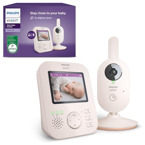 PHILIPS Avent Video Babyphone, DEKRA Certified, Private and Secure with Camera and Audio, Coral/Cream, 2.8 Screen, 2.8 Zoom, Night Vision, Two-Way Audio, Lullabies (Model SCD881/26)