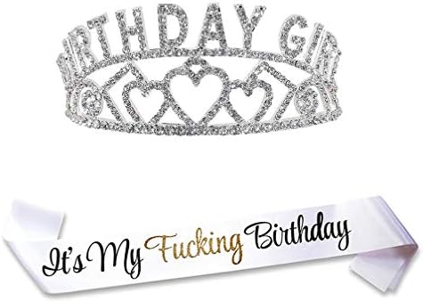 "It's My FING Birthday" Satin Sash, Rhinestone Crown Birthday Girl - Funny Birthday Party Supplies for Girls 21st,30th,40th,50th,60th,70th,75th,80th,90th Birthday Decorations