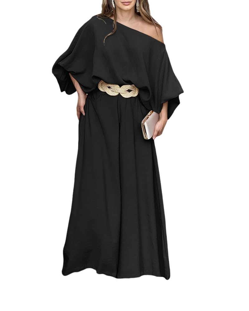View 1 of CHICME Women Summer 2 Piece Outfits Off Shoulder Lantern Sleeve Top Flowy Wide Leg Pants Set Vacation Beach Travel Outfits Black-XXL