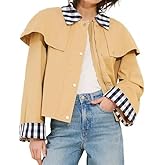 AIWUFLY Women’s Gingham Trim Cape Jacket Lightweight Cotton Cropped Trench Coat with Snap Button and Contrast Cuffs