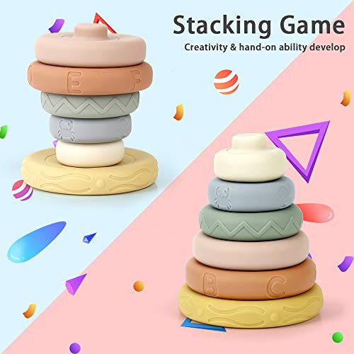 mini tudou - juguete circular de apilamiento y anidamiento de 6 piezas, apilador y mordedores de anillos de construcción suaves, juego de apriete con torre de apilamiento de aprendizaje temprano, el mejor regalo para niños y niñas de 6 meses o más