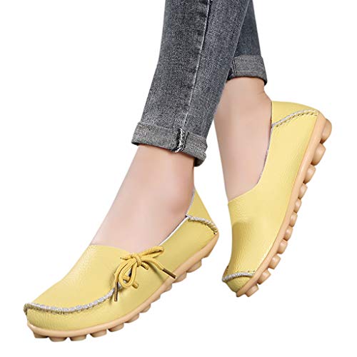 Women's Leather Loafers Casual Round Toe Slip-On Moccasins Soft Comfort Driving Walking Flats Shoes (Beige-1, US 8)