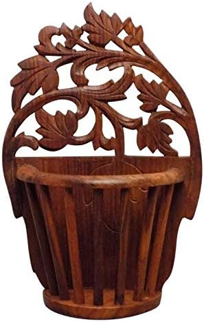 UniqueKrafts Wooden Fully Carved Wall Hanging Flower Basket/Magazine Holder with Round Pilers Design | Wall Flower Decoration Bracket | Wooden Wall Multi Holder