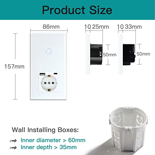 BSEED WiFi Smart Switch, Touch Switches with Glass, Compatible with Alexa, Tuya and Smart Life, Neutral Cable Required, 1 Gang 1 Way + 1 USB/Type C Plug, 157 mm White