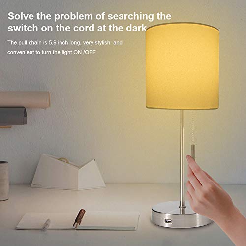 DEEPLITE USB Table Lamp Bedside Nightstand Lamp with USB Port, Modern Desk Lamp Ambient Light for Bedroom, Living Room, Office, Silver Metal Base, Cylinder Lampshade(Set of 2)