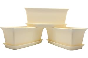 BangQiao Small 12.20 Inch Plastic Rectangular Window Box Planter Pot Container with Saucer for Indoor and Outdoor Using, Pack of 3, Beige