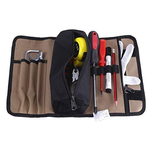 Portable Tool Organizer Bag, 600D Oxford Fabric, Black and Khaki, 36cm x 25cm, with Multiple Pockets and Elastic Bands for DIY, Garage, Workshop