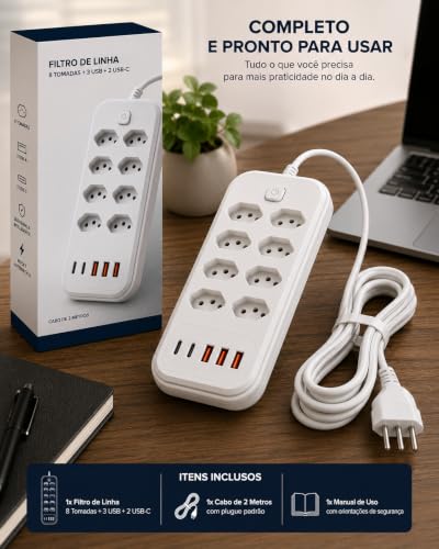 Filtro de Linha Extensão Elétrica 8 Tomadas 5 USB PD 30W Cabo 2m | Centralize energia e carregamento em um só lugar com 8 tomadas, 5 portas USB, cabo de 2 metros e potência de até 2500W.