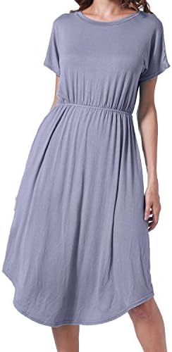 succlace Womens Short Sleeve Elastic Waist Pockets Loose Swing Casual Midi Dress