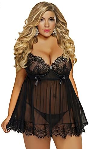 Lacy Line Sexy Eylash Lace and Mesh Underwire Plus Size Babydoll Set (3x/4x,Black)