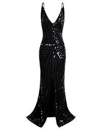Vijiv 1920 Vestido de fiesta largo con abertura en V profundo con lentejuelas y sirena para dama de honor