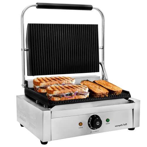 Chef's Supreme Commercial Panini Grill, 14" x 9" Non Stick Grooved
