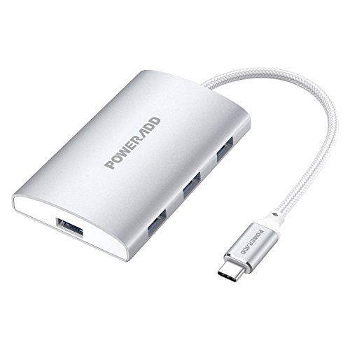 USB C Hub, Poweradd USB C Adapter 3.0 with USB C Power Delivery Port, 4-Port Aluminum Type C Hub High Transfer
