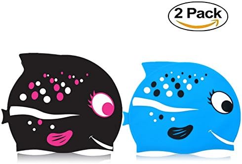 2 Pack Kids Fun Silicone Swim Cap for Boys and Girls Aged 3-12– High Elastic Cartoon Fish Shaped Swim Hat (Black+Blue fish)