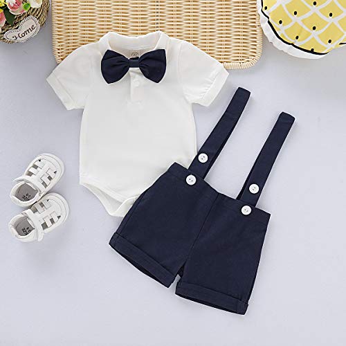 Baby Boys Gentleman Outfits Set Short Sleeve Romper with Tie and Overalls Bib Pants Wedding Tuxedo Outfits (Navy Blue, 0-6 Months)