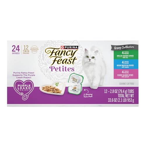 PURINA FANCY FEAST GOURMET WET CAT FOOD VARIETY PACK, PETITES GRAVY COLLECTION, BREAK-APART TUBS, 24 SERVINGS – (PACK OF 12) 2.8 OZ. TUBS