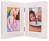 ZingVic Double Folding 4x6 White Wood Picture Frame with Glass Front - American Class Style Antiquated - Stands Vertically on Desktop or Table Top