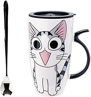 Cute Cat Style Ceramic Mugs with Lid & Spoon Cartoon Creative Moring Mug Milk Coffee Tea Unique Porcelain Cups 600ml YJ001 (C)