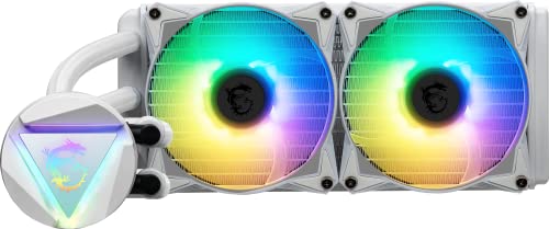 MSI MAG CORELIQUID 240R V2 AIO-Wasserkuehlungs-CPU-Kit, rotierender ARGB-Wasserblockkopf, integrierte Kuehlerpumpe, Split-Flow-Layout, Verdunstungsschutzroehren, AMD- und Intel-kompatibel, Weiss