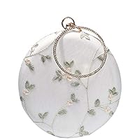KIKISUM Womens Embroidered Round Crossbody Handmade Shoulder Bag Top Handle Tote Handbag (White)