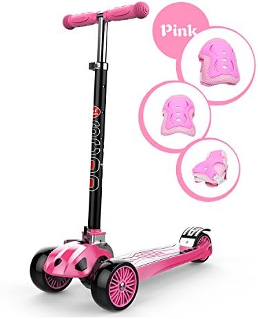 Kid Kick Scooter 3 Wheels Childern Security Toy Folding/5cm Wide PU Flashing Big Wheels/Pedal with Stainless Steel 80KG+/4 Adjustable Height T-Bar/Over 4 Year Old Boys Girls Gift Pink