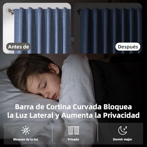 Barra Cortina,Cortinero de Ventana Ajustables,Con SoporteResistente y Fácil Instalar,Barras de Cortina Envolventes,Para Baño,Sala del Estar,Dormitori(Negro, 48-84in)