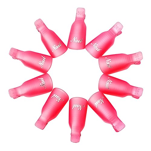Polytree 10pcs Plastic Nail Art Polish Soak Off Remover Wrap Cleaner Clip Cap (Pink)