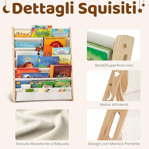 Libreria Montessori per Bambini Con 6 Scomparti in Tessuto Oxford - Libreria per Bambini in Legno Naturale - Libreria Montessori Con Bordi Arrotondati e Design Spazio-Saving(Naturale)