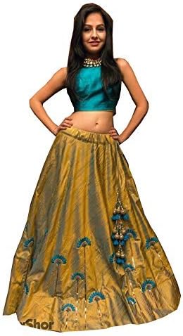 NITYANTA FAB Women's Satin Unstitched Lehenga Choli (Turquoise & Yellow)