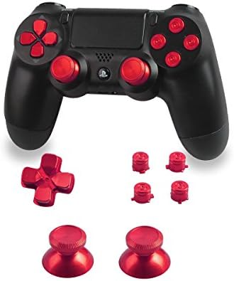 Xinkeen Aluminum Alloy PS4 Controller Replacement Thumbsticks Bullet ABXY Buttons and Directional Pad Mod Kit for Playstation 4 DualShock 4 (Red)