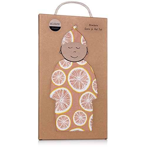 MilkBarn Newborn Gown and Hat Set (Grapefruit), 0-3 Months