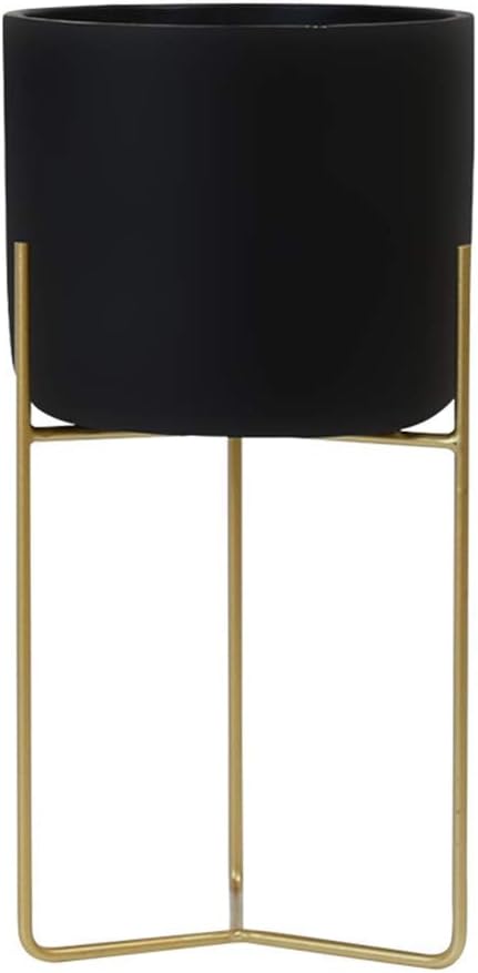 HIGHKAS Flower Pot Mid Century Planter - 9 Inch Cement Round Decorative Tabletop Plant Pot Indoor with Gold Metal Stand for Succulents Cactus Herb Orchid for Home Office (Color : Black)