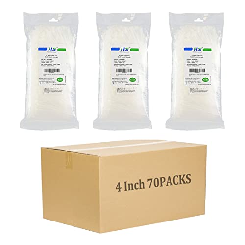 Case of 70 Packs,1000/Pack,HS Mini Zip Ties Clear Plastic Ties 4 Inch Bulk White Cable Zip Ties 18 Lb for Bag Tags,Electric,Lights,Party Decorate