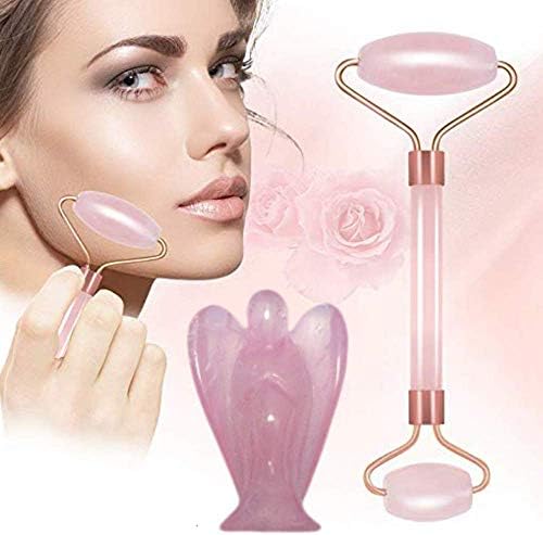 Premium Quality Jade Rose Quartz Roller | 100% Natural Anti-Aging Facial Roller for Slimming, Toning, Anti Puffiness, Face& Eye Massage Treatment | Rose Quartz Gem Angel and a Free Gift