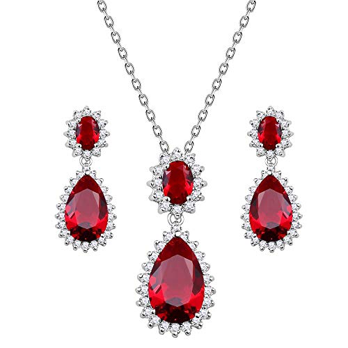 Lavencious Teardrop Ruby Dangle Jewelry Set Necklace & Earrings Trendy AAA Cubic Zirconia for Women (Red)