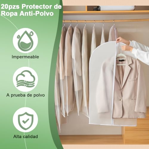 AzzmaAii Protector de Ropa 20pzs Bolsas de Ropa Colgante Funda Ropa de Clóset Cubre Anti-Polvo Almacenamiento Bolsa de Chaqueta con Cremallera Portátil Lavable Cubierta Bolsa Traje Abrigo 60*80-140CM