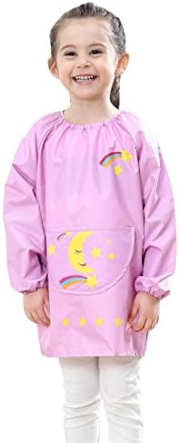 Toddler Baby Waterproof Pullover Sleeved Bib Children Rainbow Printing Thin Breathable Painting Eating Playing Apron Smock Pink 2-4 T