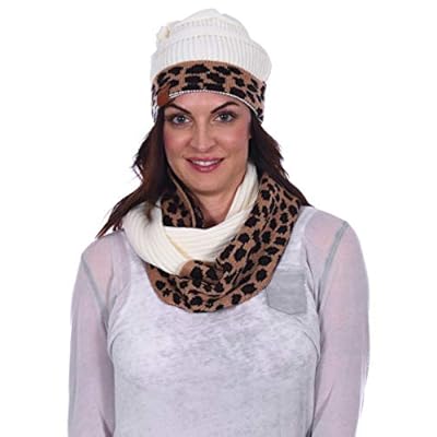 Women's Cable Knit Leopard Print Infinity Scarf & Hat Set in 4 Fashion Colors Women's Cable Knit Leopard Print Infinity Scarf & Hat Set in 4 Fashion Colors