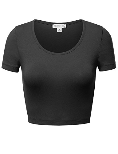 FPT Womens Basic Short Sleeve Scoopneck Crop Top BLACK M