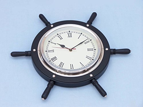 Black Wood And Chrome Ship Wheel Clock 15" - Boat Steering Wheel - Nautical Acc