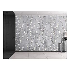 Cherry Blossoms Sitting on a Grayscale Grungy Texture with a Vignette Effect Around It - Wall Mural, Removable Vinyl Wallpaper, Home Decor - 66x96 inches