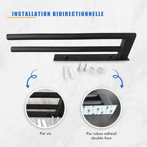 LD3W Black Stainless Steel Towel Rack, Rust Resistant, Easy Installation Either By Screw Or Self-Adhesive, Compact Design, Durable Towel Rack, Bathroom Or Kitchen (Black)