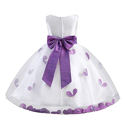 Girls Tutu Bow Dress Petals Princess Flower Dress with 3D Roses for Birthday Wedding Party (5, Purple)