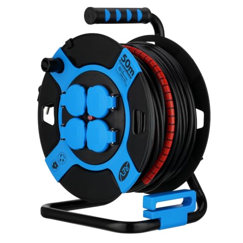 REV Kabeltrommel 50m Outdoor - mit Kabelschutz, 4 Steckdosen, IP44, blau