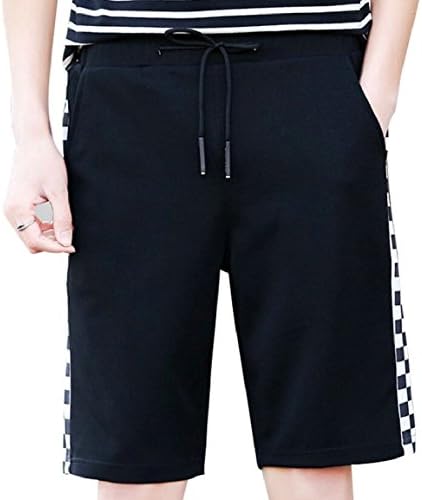 Smeiling Men Leisure Checkered Drawstring Elastic Waist Summer Shorts Black M