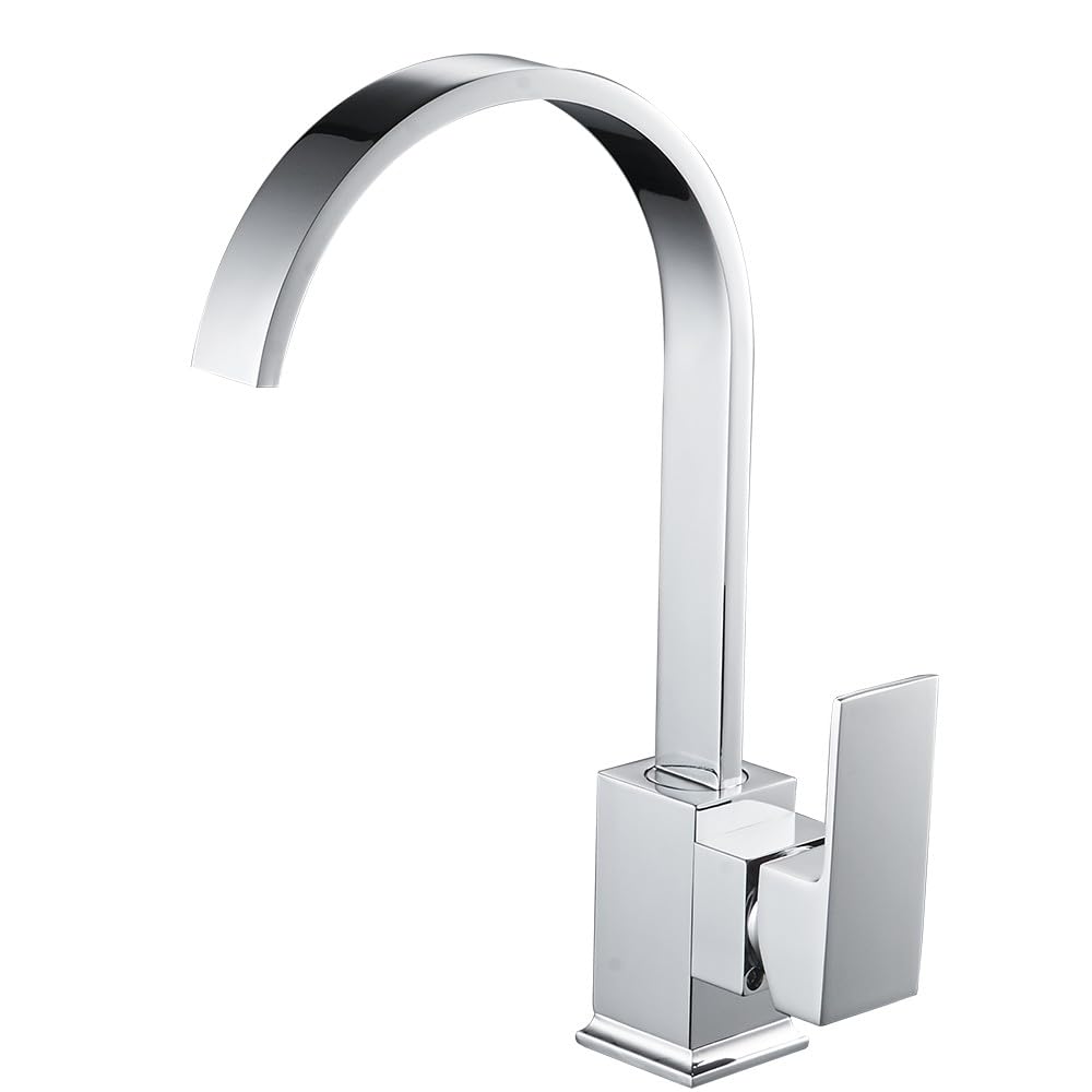 Kitchen Sink Mixer Taps Solid Brass Chrome Finish Modern Square Flat Spout 360 Degree Swivel Waterfall Effect Monobloc Faucet for Single Lever with UK Standard Fittings