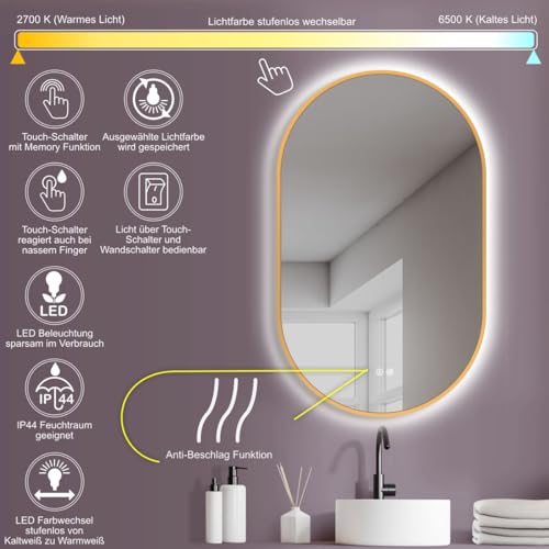 HOKO® Anti-fog LED Oval Mirror 50 x 90 / 90 x 50 cm with Gold Metal Frame. Vertical/Horizontal Mounting. Bathroom Mirror+Touch Switch+Hot/Cold/Neutral Light Change 2700-6500K