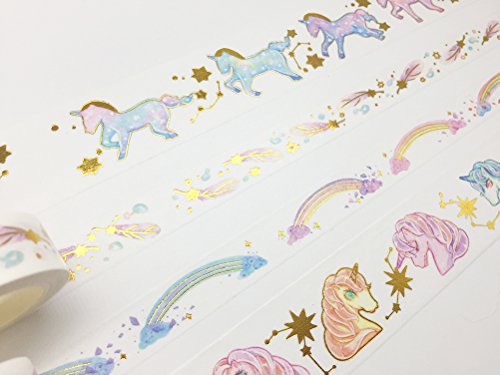 lovielf Unique Design Watercolor Unicorn Gold Foil Glitter Feather Rainbow Washi Tape Set of 4 Rolls – Planner Decorative DIY Japanese Masking Adhesive Sticky Paper Washi Tape Set