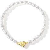 SHINUS BOHO Heart Initial Pearl Beaded Bracelet for Women,Handmade Dainty Gold Plated A-Z Stretch Bracelet Trendy Birthday Jewelry Gift
