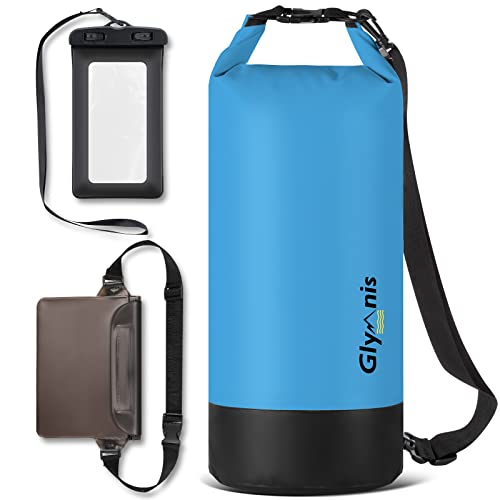 Glymnis Waterproof Bag with Adjustable Shoulder Strap, 5L 10L 20L | 2 Cell Cases, Inner Pocket, 3 in 1 Waterproof Waist Bag, Convient Boat Fishing Rafting Swimming Kayak Camping